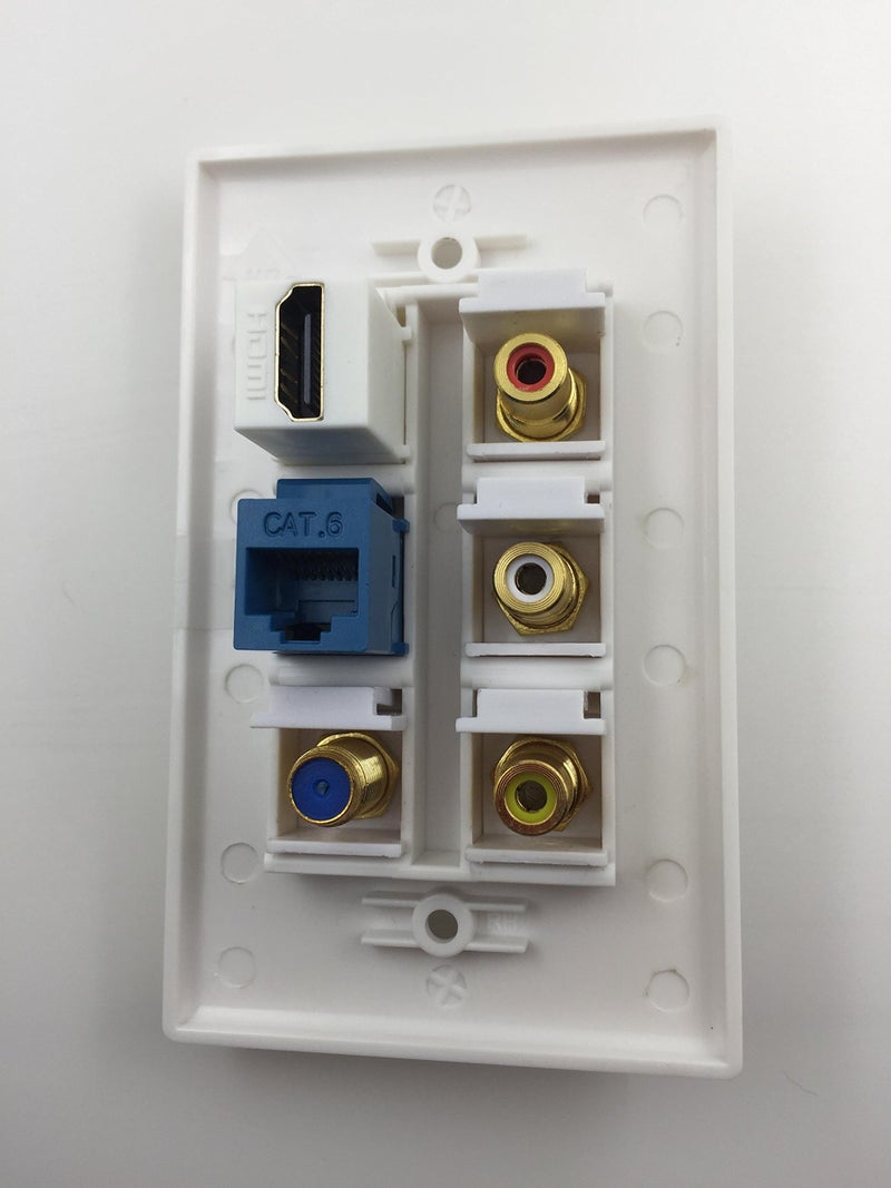 IBL- 6 Port Wall Plate with 3 RCA+F coaxial Cable TV+Cat6 ethernet+HDMI Female to Female in White - Image 2
